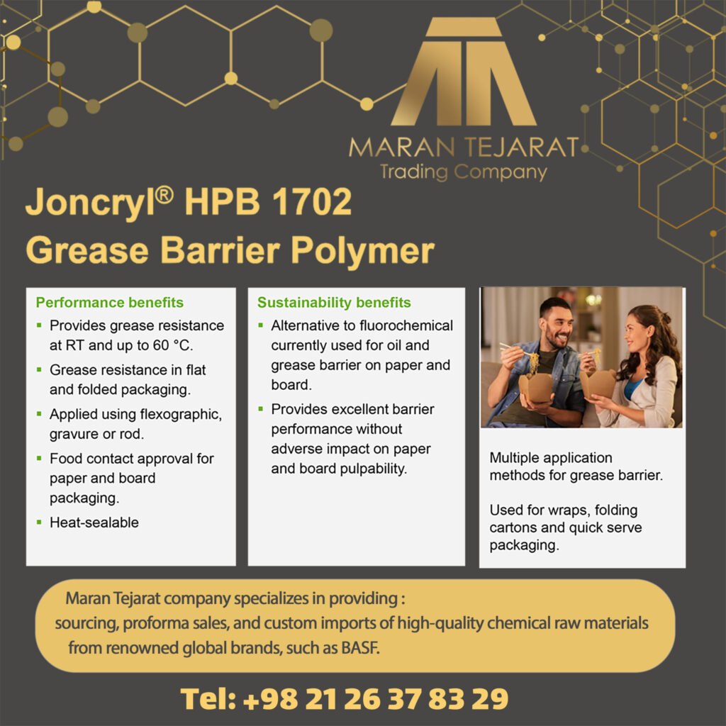 تامین پرفورمایی JONCRYL HPB 1702 از ماران تجارت: شرکت ماران تجارت به عنوان واردکننده مستقیم مواد اولیه شیمیایی صنایع رنگ، پوشش، بسته بندی، چسب و شیمی ساختمان می تواند شما را در خصوص تامین این جایگزین به صورت پرفورما نماید. شما می توانید جهت کسب اطلاعات بیشتر و درخواست نمونه‌ای از امولسیون JONCRYL HPB 1702، از شرکت BASF با مشاوران خدمات بازرگانی ما تماس بگیرید و از راهکارهای نوین ما در تامین مواد اولیه شیمیایی بهره‌مند شوید.