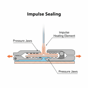 سیل انبساطی (Impulse Sealing) در این سیستم، یک المنت حرارتی به صورت لحظه‌ای (Impulse) داغ شده و حرارت را به لایه‌ها منتقل می‌کند و بلافاصله سرد می‌شود. این فرآیند در حالی که لایه‌ها تحت فشار هستند، یک اتصال تمیز و محکم ایجاد می‌کند. 
